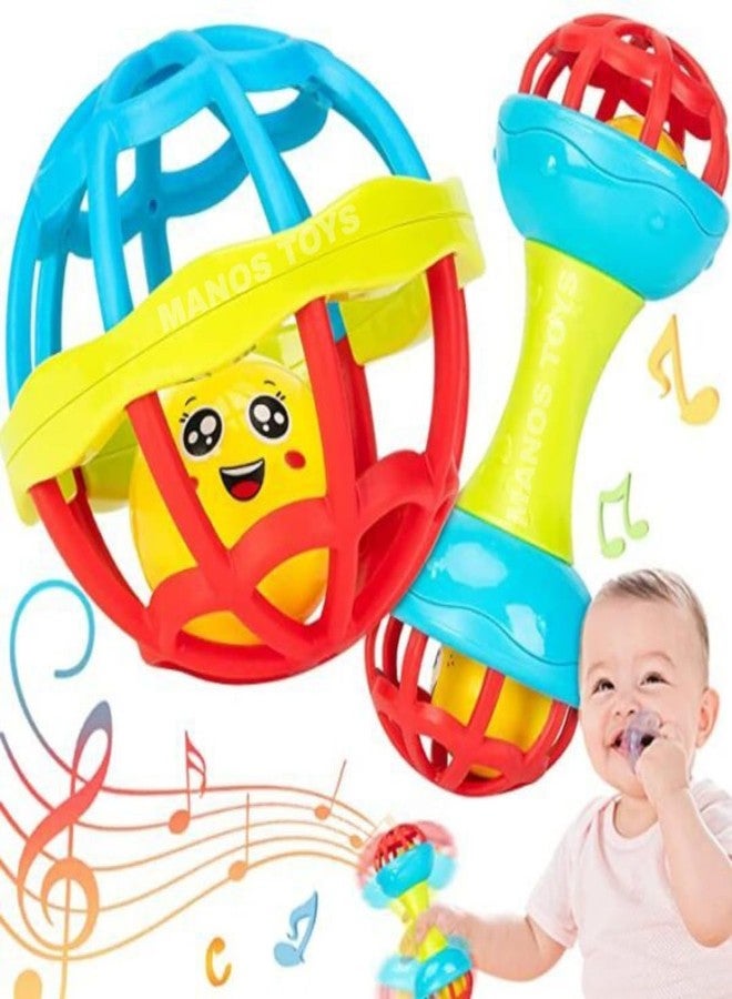 Manos Plastic & Rubber Body Rolling 2 in 1 Rattle Toy for Baby boy/Girl Hand Bell Ball Baby Rattle Bell Toy for Babies - Image 2